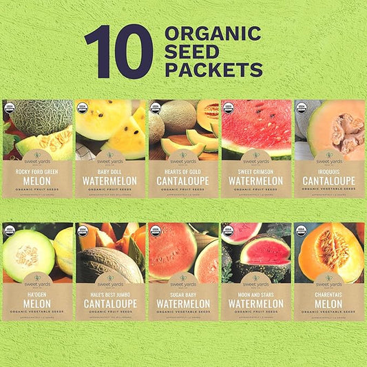 Organic Melon Seeds Variety Pack - 10 Individual Packs - 2025 Season - Sugar Baby, Charentais, Hearts of Gold and More! for Indoor & Outdoor Planting (Non-GMO, Certified Organic)