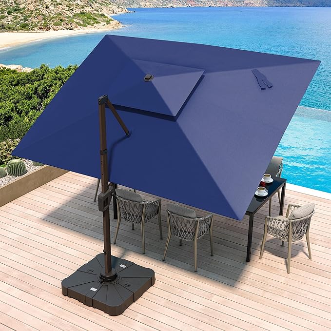 JZAC & QZYD 10 X 13 FT Cantilever Patio Umbrella Outdoor Rectangle Offset Double Top Large Heavy Duty Umbrellas with 360° Rotation for Deck Backyard Garden, Navy