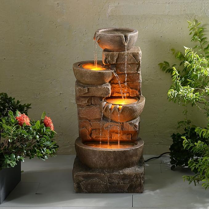 Teamson Home 33.27" Outdoor Freestanding Water Fountain with LED Lights, Cascading Bowls & Stacked Stones, Floor Fountain for Patio, Garden, Balcony, Lawn, Yard Decor, Brown Polyresin