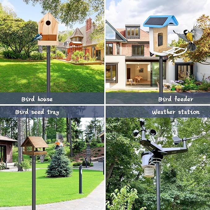Gtongoko Smart Bird Feeder Pole 63 Inch Bluebird House Pole for Outdoors Weather Station Heavy Duty Metal Mounting Kit Adjustable Bird Feeder Stand Black