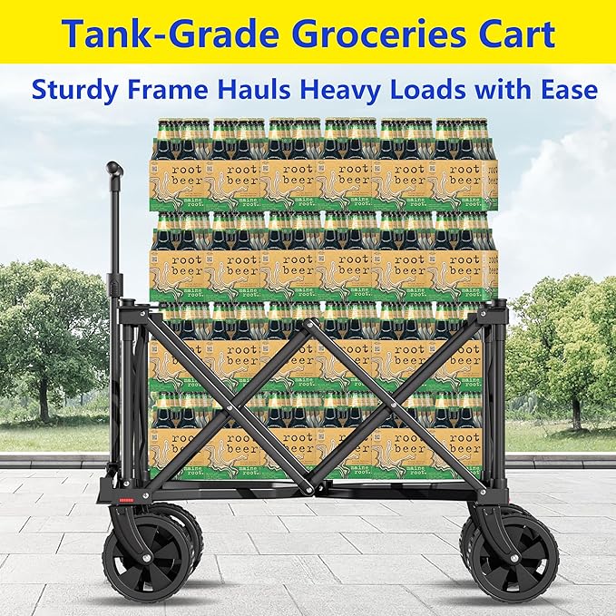 BEAU JARDIN Collapsible Folding Wagon Cart with Big Wheels Foldable Cart with 400LBS Capacity Utility Lightweight Wagon Heavy Duty Grocery Cart for Camping Garden Outdoor Fishing Sports Shopping Black