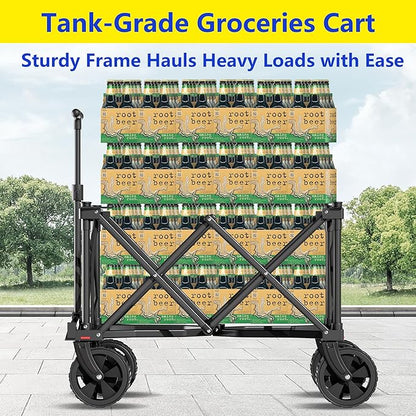 BEAU JARDIN Collapsible Folding Wagon Cart with Big Wheels Foldable Cart with 400LBS Capacity Utility Lightweight Wagon Heavy Duty Grocery Cart for Camping Garden Outdoor Fishing Sports Shopping Black