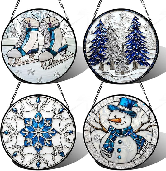 Stained Glass Window Hanging 4 Pcs Set White Winter Christmas Snow Scene 9.8" - Suncatcher Door Garden Sun Catcher Decor Birthday for Mom Woman Nana Men Friend Wife