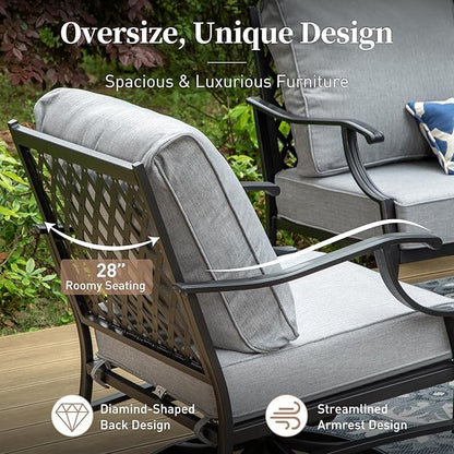 5 Piece Metal Outdoor Patio Furniture Set, Patio Conversation Sets 1 3-seater Sofa, 2 Fixed Chair, 2 Ottomans with 5.75" Thick Cushion, Black All-weather Frame Backyard Furniture, Gray