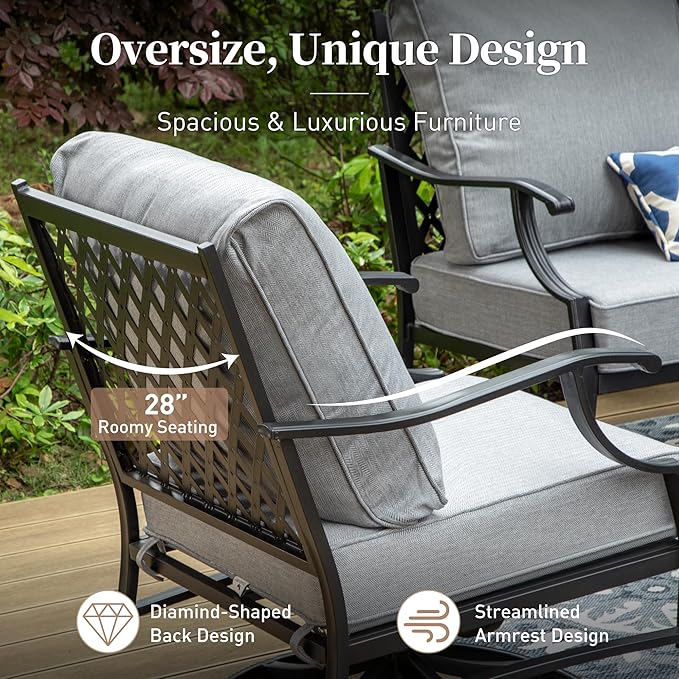 6 Piece Metal Outdoor Patio Furniture Set, Patio Conversation Sets 1 3-seater Sofa, 2 Swivel Chair, 2 Ottomans with 5.75" Thick Cushion and Coffee Table, Black Backyard Furniture, Gray