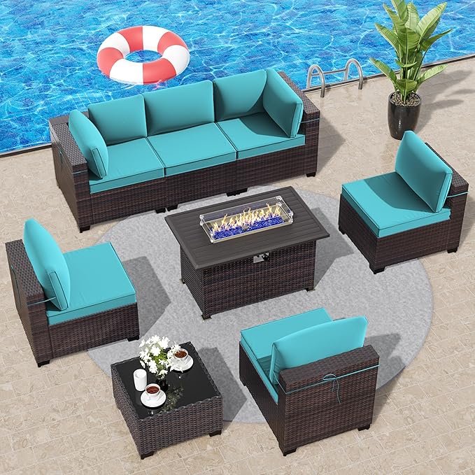 Outdoor Patio Furniture Set with Propane Fire Pit Table, 8 Pcs Outdoor Furniture Patio Sectional Sofas Conversation Sets w/ETL Approved 43" Gas Outdoor Fire Table & Coffee Table Turquoise