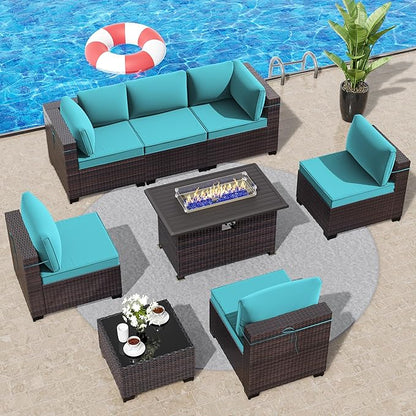 Outdoor Patio Furniture Set with Propane Fire Pit Table, 8 Pcs Outdoor Furniture Patio Sectional Sofas Conversation Sets w/ETL Approved 43" Gas Outdoor Fire Table & Coffee Table Turquoise