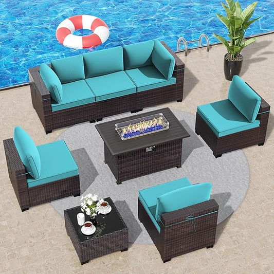 Outdoor Patio Furniture Set with Propane Fire Pit Table, 8 Pcs Outdoor Furniture Patio Sectional Sofas Conversation Sets w/ETL Approved 43" Gas Outdoor Fire Table & Coffee Table Turquoise