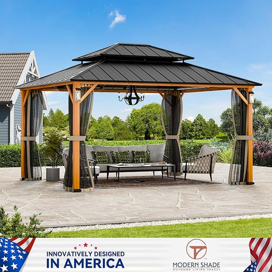 Modern Shade The Horizon Hardtop Gazebo 12' x 14' with 4 LED Lights, Permanent Outdoor Gazebo with Galvanized Steel Double Roof, Grill Pavilion with Decor Hooks, Mosquito Nettings, Wood-Looking