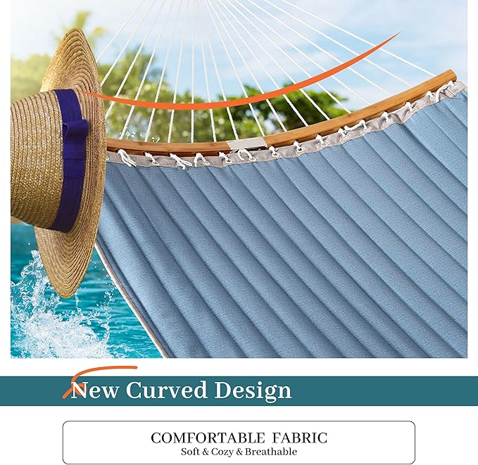 Double Hammock, 11 FT Quilted Fabric 2 Person Hammock for Outside with Pillow, Folding Curved Spreader Bar, Chains, Carrying Bag, Indoor Outdoor, 450 IB Capacity, JeansBlue