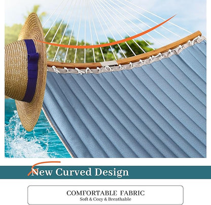 Double Hammock, 11 FT Quilted Fabric 2 Person Hammock for Outside with Pillow, Folding Curved Spreader Bar, Chains, Carrying Bag, Indoor Outdoor, 450 IB Capacity, JeansBlue