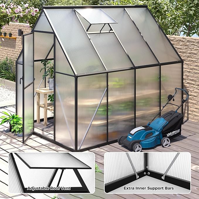 6x8 FT Greenhouse for Outdoors, Polycarbonate Greenhouse with Roof Vent, Enhanced Aluminum Large Walk-in Green House for Garden Backyard