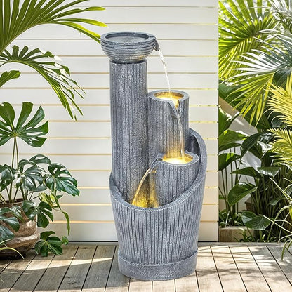 31" Modern Outdoor Water Fountain with LED Lights, 5-Tier Twist Pedestal Bowl Garden Fountain, Cascading Waterfall for Relaxing Garden, Patio, Backyard, Deck, Porch or Home Decor