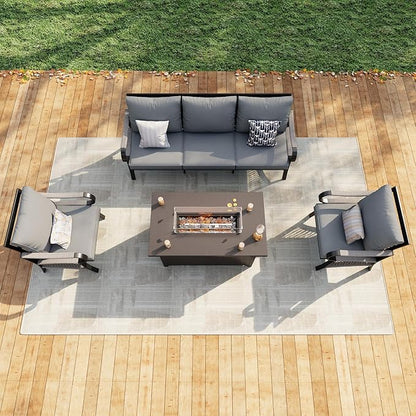 4 Pieces Patio Conversation Sets, All Weather Metal Outdoor Furniture Set, 3-Seater, 2 Single Chairs, 1 Fire Pit Table for Backyard Garden Deck Porch Poolside, Gray