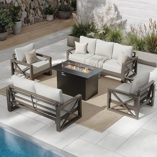 UDPATIO 5 Piece Aluminum Patio Furniture Set with Fire Pit Table, Faux Wood Patio Conversation Set with 6" Olefin Cushions, Aluminum Outdoor Furniture, 600D Waterproof Cover Included, Light Grey