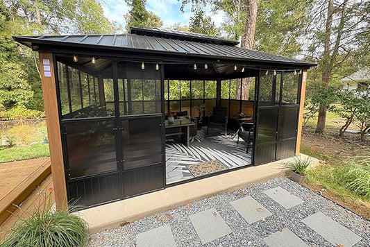 PURPLE LEAF 12' X 16' Sunroom Patio Hardtop Gazebo Double Top Galvanized Steel Screen House Aluminum Sun Room Outdoor Solarium for Garden Backyard and 24 Solar String Light
