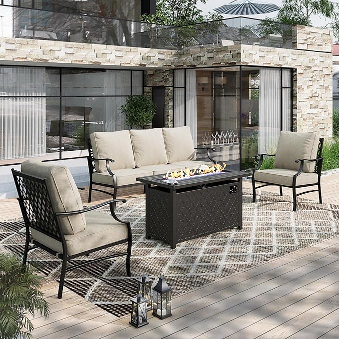HERA'S HOUSE 4 Pieces Patio Fire Pit Furniture Set, 2 x Single Chair, 3-Seat Sofa with 45" Fire Pit Table, Outdoor Conversation Set for Garden, Poolside, Backyard
