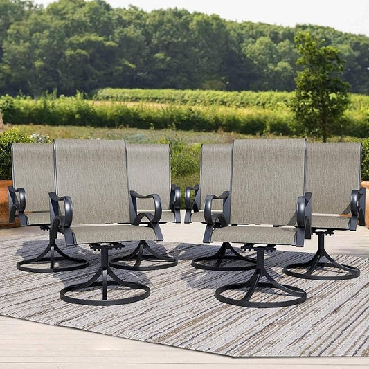 Outdoor Patio Swivel Dining Chairs Set of 6, All-Weather Swivel Rocker Chairs with Textilene High Back and Black Rust-Proof Metal Frame, Perfect for Patio, Lawn, Garden, or Backyard, Brown