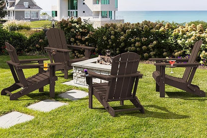 SERWALL Adirondack Chair with Cup Holders - Composite Adirondack Chairs Set of 8 HDPE Outdoor Chairs All Weather Use- Coffee