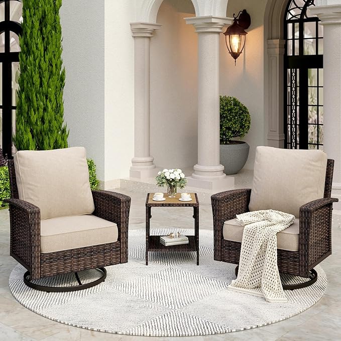 Patio Wicker Swivel Chairs Set of 2, Outdoor High Back Chairs with 5.5" Waterproof Cushions and Side Table, Outdoor Furniture Set for Deck Porch and Yard, Peacock Blue