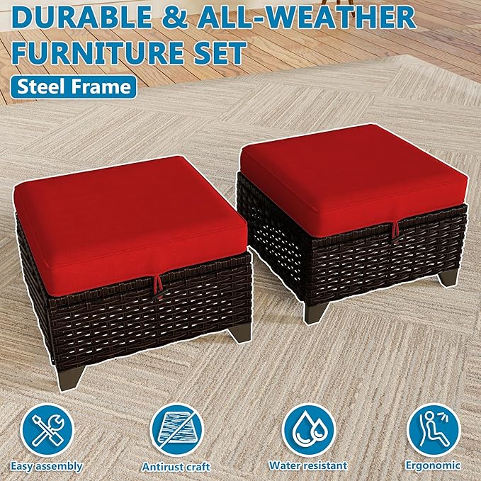 Vista Vibe 2 Pieces Patio Wicker Ottomans, Luxurious Footstools, Outdoor Small Footrest, Wicker Furniture with Removable Cushions,All-Weather PE Rattan, Garden, Backyard, Porch(Brown/Red)