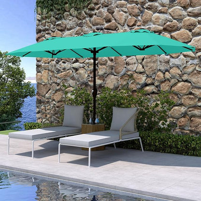 15FT Double Sided Patio Umbrella with Base Included Large Outdoor Market Umbrella with Crank Handle, UV Resistant Canopy, Sturdy Frame for Garden, Poolside, Deck, Turquoise Blue