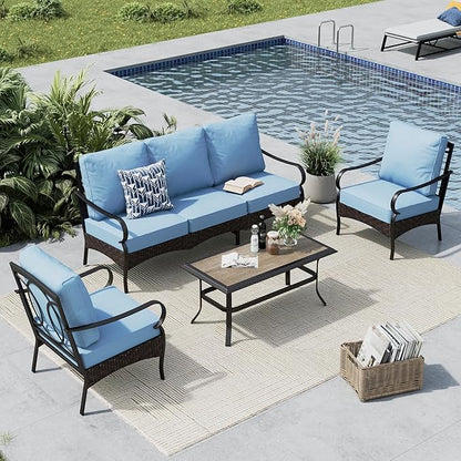 MFSTUDIO 4 Pieces Outdoor Patio Furniture Set, Metal Outdoor Conversation Set, Rattan Wicker Patio Sectional Sofa Set with 2 x Fixed Single Sofa, 3-Seat Sofa, 1 x Coffee Table, Blue