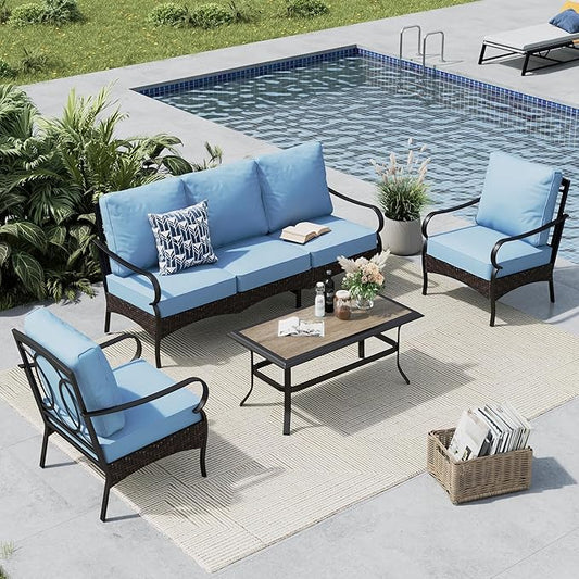 MFSTUDIO 4 Pieces Outdoor Patio Furniture Set, Metal Outdoor Conversation Set, Rattan Wicker Patio Sectional Sofa Set with 2 x Fixed Single Sofa, 3-Seat Sofa, 1 x Coffee Table, Blue