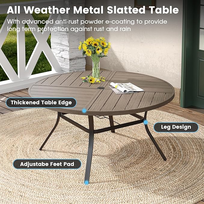 DIFY 9 Pieces Outdoor Patio Dining Set, 8 Sandshell Textilene Swivel Dining Chairs and 59.8" Grey Wood-Like Round Metal Dining Table, Outdoor Table and Chairs