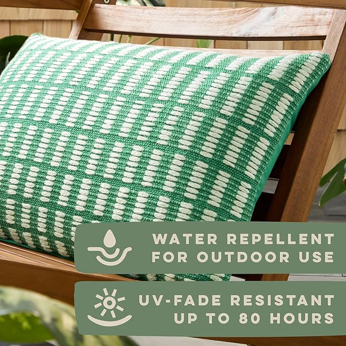 TOWN & COUNTRY TERRA Alara Textured Geo Stripe Handcrafted Indoor Outdoor Decorative Pillow, 100% Recycled Materials, UV Fade Resistant, Water Repellent, Green/Ivory, 14"x20"