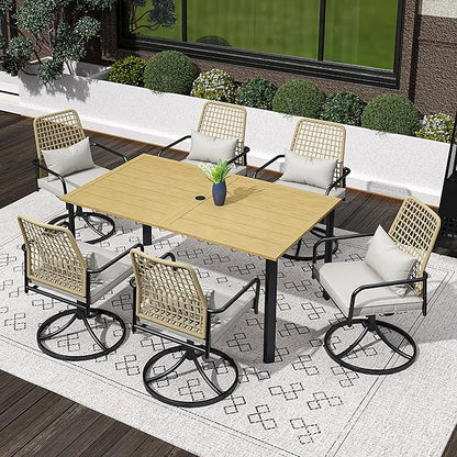 7-Piece Outdoor Patio Dining Set, 63-Inch Rectangular Table, 6 Wicker Rattan Swivel Chairs with Gray Cushions