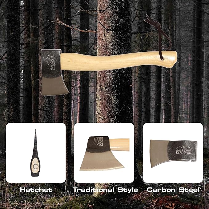 Prandi Axes Yankee C45 Forged Carbon Steel Hatchet - Hickory Handle with Leather String - Ideal for Camping, Travel and Bushcraft - S/N 3.043.06.TH - 15" L x 5.3" 1W, 600g Polished Head, No Sheath