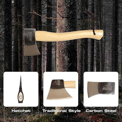 Prandi Axes Yankee C45 Forged Carbon Steel Hatchet - Hickory Handle with Leather String - Ideal for Camping, Travel and Bushcraft - S/N 3.043.06.TH - 15" L x 5.3" 1W, 600g Polished Head, No Sheath