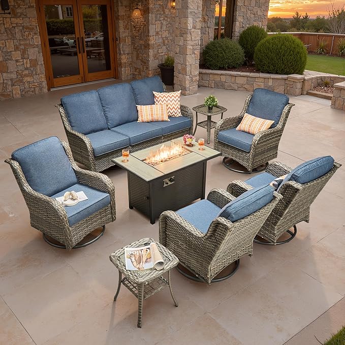 ovios 8 Pieces Patio Furniture Set, Outdoor Wicker Sofa Couch with Swivel Chairs 42" Fire Pit Table, High Back All Weather Modern Conversation Sets, Grey Rattan, Denim Blue