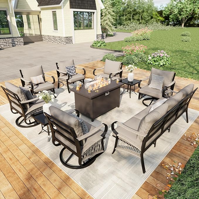 10 Pieces Outdoor Patio Conversation Sets with All Weather Cushions, Metal 3-Seater, 4 Swivel Rockers, 2 Single Chairs, 2 Side Tables, 1 Fire Pit Table for Backyard Deck Porch Poolside, Beige