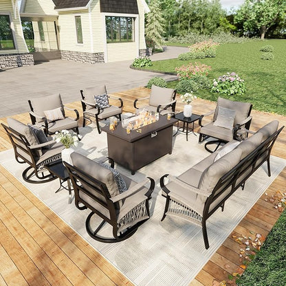 10 Pieces Outdoor Patio Conversation Sets with All Weather Cushions, Metal 3-Seater, 4 Swivel Rockers, 2 Single Chairs, 2 Side Tables, 1 Fire Pit Table for Backyard Deck Porch Poolside, Beige