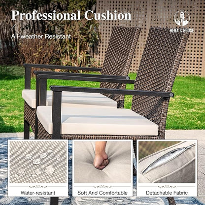 HERA'S HOUSE Patio Dining Sets for 6, Outdoor Rattan Chairs and Wood-Like Table with 1.57" Umbrella Hole, Modern Outdoor Table and Chairs for Deck, Balcony, Backyard and Garden