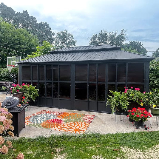 PURPLE LEAF 12' X 20' Solarium Sunroom Permanent Hardtop Gazebo Galvanized Steel Double Roof Aluminum Outdoor Enclosed Gazebo for Lawn Deck Backyard Grey