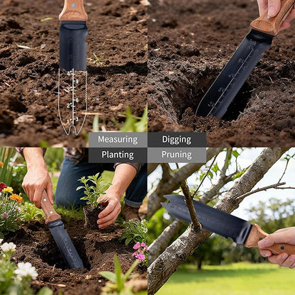 WILLKOMMEN Hori Hori Garden Knife- Garden Tools with Oxford Cloth Sheath, 7" Stainless Steel Blade,Full Tang Beechwood Handle, Ideal for Transplanting, Division, Weeding & Root Care (Forked Tip)