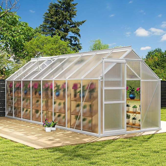 DWVO 6x16FT Polycarbonate Greenhouse Heavy Duty Green Houses Outdoor Aluminum Greenhouses with Sliding Doors Vent Window Walk-in Greenhouse Large Sun House for Garden Backyard, Matte Sliver