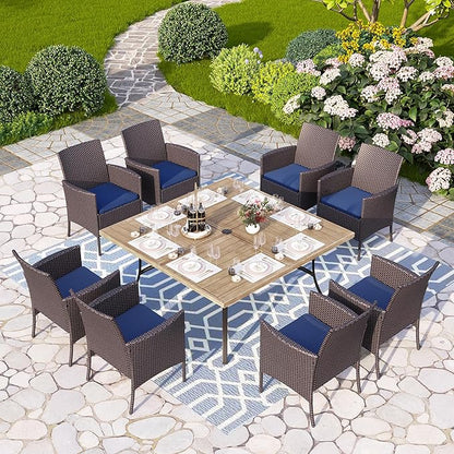 PHI VILLA 9 Pieces Square Outdoor Dining Set for 8, 60” Wood-Like Large Metal Steel Dining Table & Rattan Wicker Chairs with Cushions, Dining Furniture Set for Patio, Deck, Yard, Porch