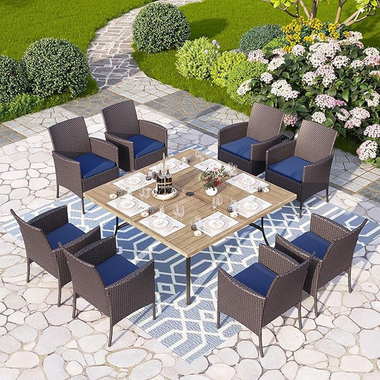 PHI VILLA 9 Pieces Square Outdoor Dining Set for 8, 60” Wood-Like Large Metal Steel Dining Table & Rattan Wicker Chairs with Cushions, Dining Furniture Set for Patio, Deck, Yard, Porch