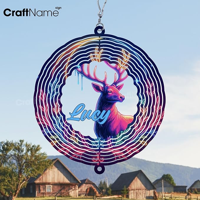 Personalized Deer Wind Spinner 3D Stainless Steel, Deer Garden Spinner Hanging Outdoor Decor, Wind Spinners Outdoor, Custom Gift for Grandmother, Mom, Wife