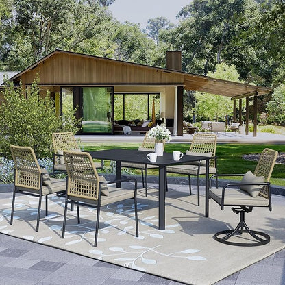 7-Piece Outdoor Dining Set, 4 Wicker Stackable Rattan Chairs ＆2 Wicker Swivel Rattan Chairs with 63'' Rectangular Patio Dining Table All Weather Frame Furniture Set
