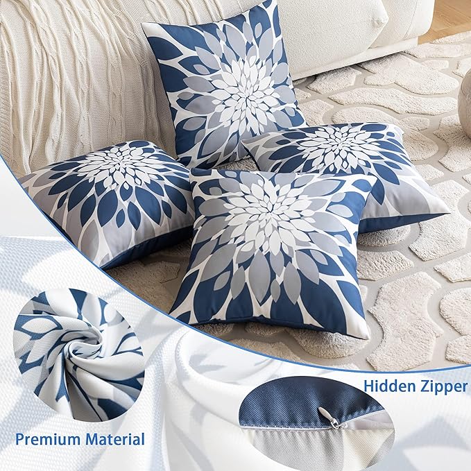 Qahing Pack of 4 Outdoor Waterproof Pillow Covers 22x22 Decorative Outdoor Throw Pillows Garden Square Cases for Patio Furniture, Couch, Tent Sunbrella, Bench, Blue Grey