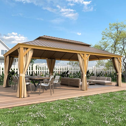 EROMMY 14'x22' Hardtop Gazebo, Galvanized Steel Double Roof with Wood Grain Aluminum Frame, Outdoor Gazebo with Curtains and Nettings for Patio, Backyard and Deck