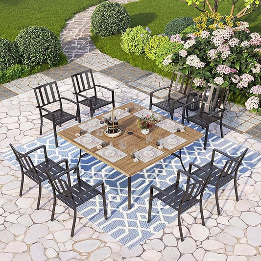 PHI VILLA 9 Pieces Outdoor Dining Set for 8, 60” Wood-Like Large Square Metal Steel Dining Table & Stackable Iron Chairs, Dining Furniture Set for Patio, Deck, Yard, Porch