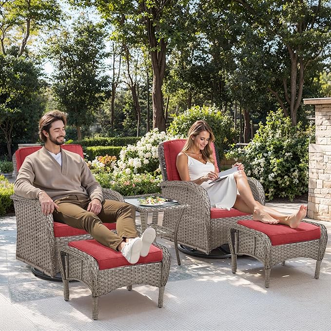 Outdoor Swivel Glider Rocker Chairs Set- 5 Piece Patio Furniture Set, Patio Bistro Sets with Tempered Glass Side Table and 2 Ottoman, for Balcony, Porch - Grey Wicker Red Cushion