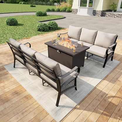 3 Pieces Outdoor Patio Conversation Sets with All Weather Cushions, Metal 2 Three-Seater Sofas, 1 Fire Pit Table for Backyard Deck Porch Poolside, Beige