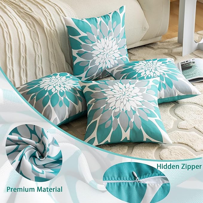 Qahing Pack of 4 Outdoor Waterproof Pillow Covers 20x20 Decorative Outdoor Throw Pillows Garden Square Cushion Cases for Patio Furniture, Couch, Tent Sunbrella, Bench, Teal Turquoise Grey